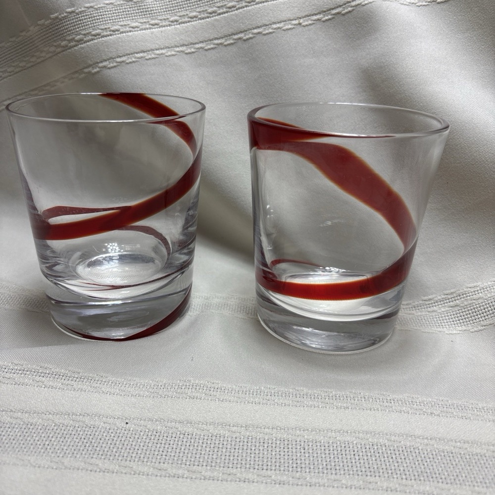 Pier 1 Red Swirline Double Old Fashioned Rocks Whiskey Glasses Set Of 2 Swirl 4"
